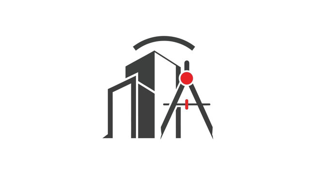 Minimalist architectural logo design featuring a building and drafting compass.