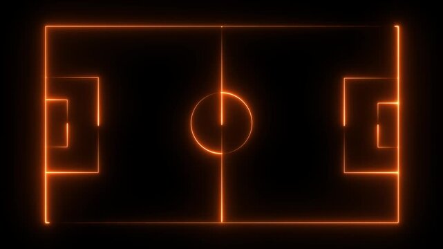 Animation of neon sports stadium on black background with neon lights match football isometric field video animation, Soccer field stadium or football lawn with panoramic.