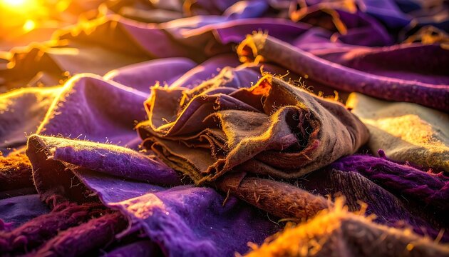 Close-up of textured purple and brown fabric with frayed edges illuminated by warm golden hour sunlight, showcasing intricate weave and tactile details, rich textile background