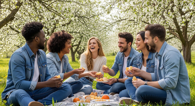 Friends Enjoying a Spring Picnic Under a Blooming Apple Tree in the Park
