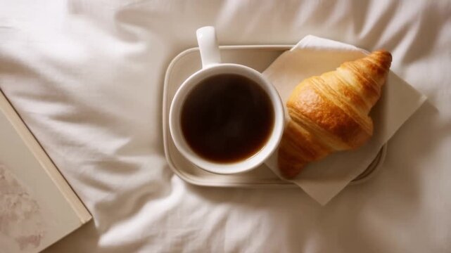 Breakfast in bed, white mug with steaming coffee, fresh croissant on linen napkin, rumpled sheets, soft light, simple pleasure. Concept for cozy weekend mornings