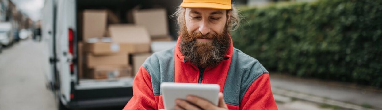 Bearded courier using tablet near delivery van with boxes