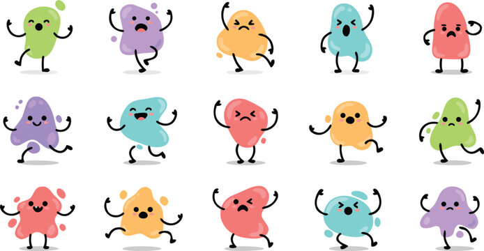 Colorful cartoon drops with expressive faces and dancing poses