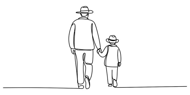 Father and son wearing hats holding hands walking together isolated on white background, Vector