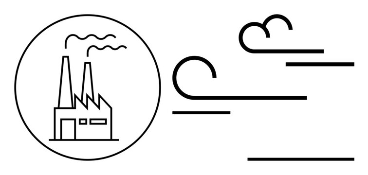 Environmental impact, climate change, air quality, industrial emissions, pollution, sustainability. A factory emitting smoke with wind and air movement lines. Environmental impact and climate change