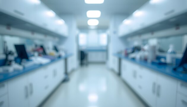 Blurred image of a laboratory interior with white cabinets and blue countertops. Modern blurred background photo for banner, poster or magazine and website background.