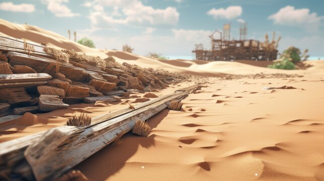 A desolate remnant of human persistence stands silent amidst the shifting golden dunes of an unforgiving wasteland.