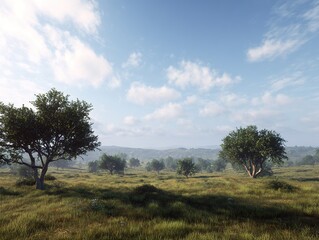 Fototapeta premium Open Wilderness Scattered Trees and Grassland, Minimal Summer Landscape