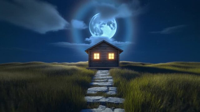 Tranquil night scene: a stone path leads to a glowing cabin under a huge full moon.