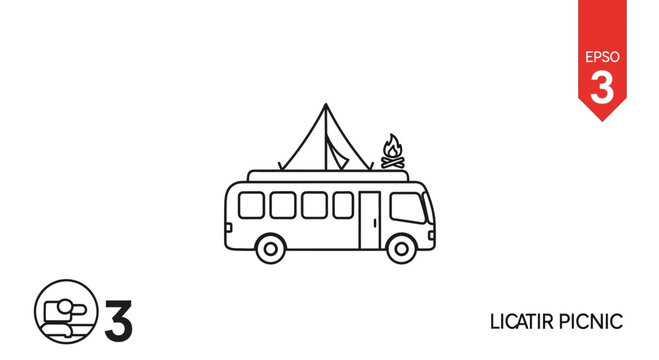 Camping Van with Tent and Campfire on Roof - Outdoor Adventure Icon