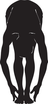 Black silhouette of a person bending over touching their toes isolated on white background