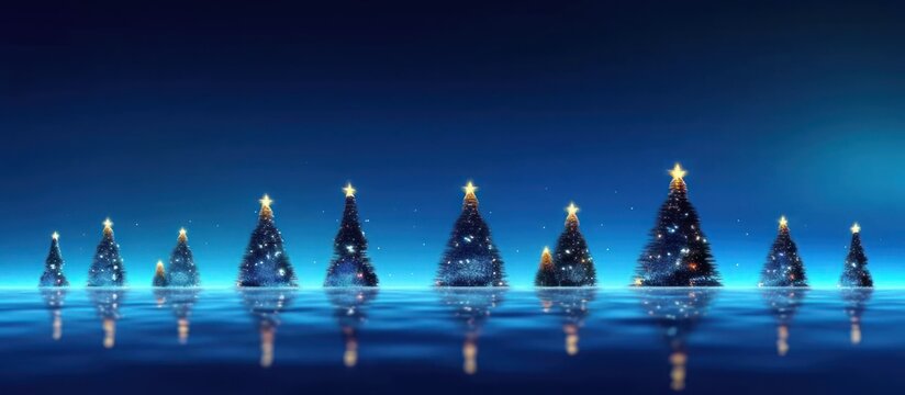 Experience the magic of a shimmering winter wonderland where glowing Christmas trees reflect upon a calm, starlit night.