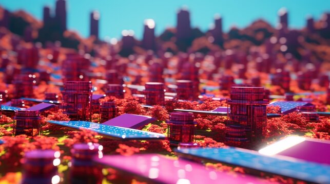A vibrant and surreal vision of a futuristic miniature metropolis where technology and nature coexist in harmony.