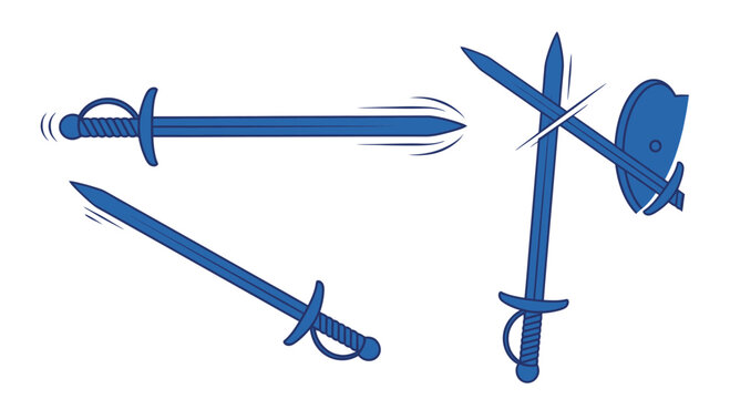 Fencing duel illustration: swords clashing, shield, action, motion blur