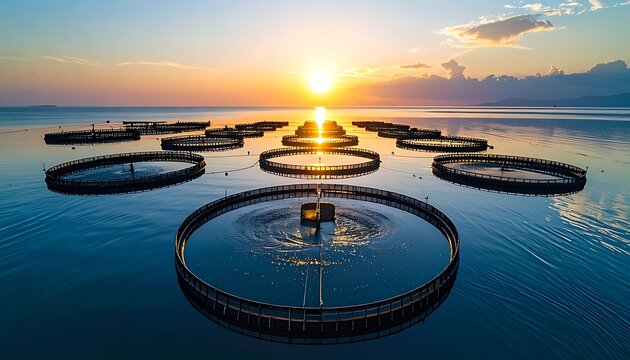 Aerial sunset view of a circular fish farm with aquaculture cages shimmering on calm water, creating geometric patterns at dusk