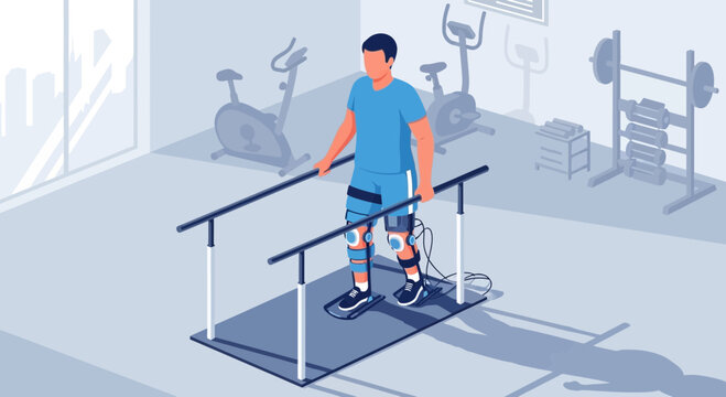 Man with exoskeleton walking on parallel bars in a gym for physical therapy