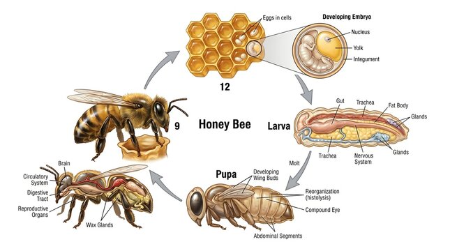 Detailed honey bee development and life cycle illustration showing egg in honeycomb cell, labeled embryo, larval anatomy, pupal stage with abdominal segments, and fully formed adult worker bee for bio