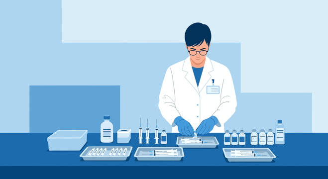 Scientist preparing medical supplies, syringes, and vials for vaccination or research