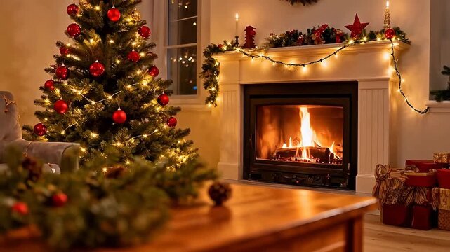 Christmas tree and fireplace with warm lights