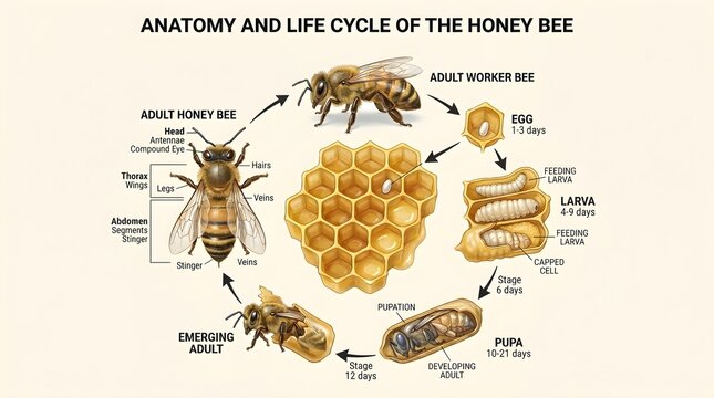 Anatomy and life cycle of the honey bee infographic showing adult worker, emerging adult, pupa, larva and egg surrounding central honeycomb, with labeled body parts and stages to teach pollination bio