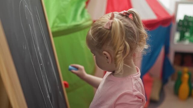 Little girl erasing blackboard with blue eraser, hand on board in playroom; early learning concentration.