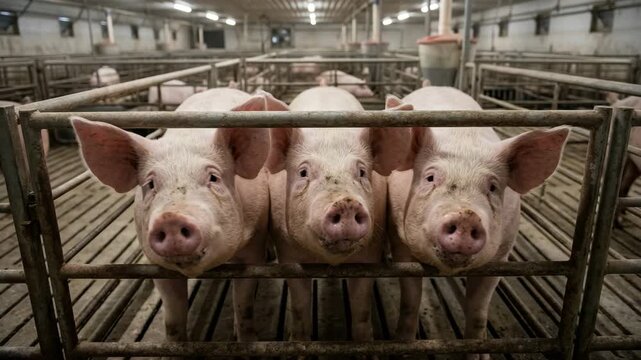 three pigs inside industrial pig farm video