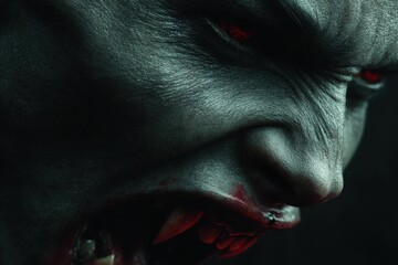 Fototapeta premium Menacing Werewolf's Gaze: A close-up shot of a fearsome werewolf, its piercing red eyes and bared fangs exuding an aura of primal savagery against a backdrop of shadowed darkness.