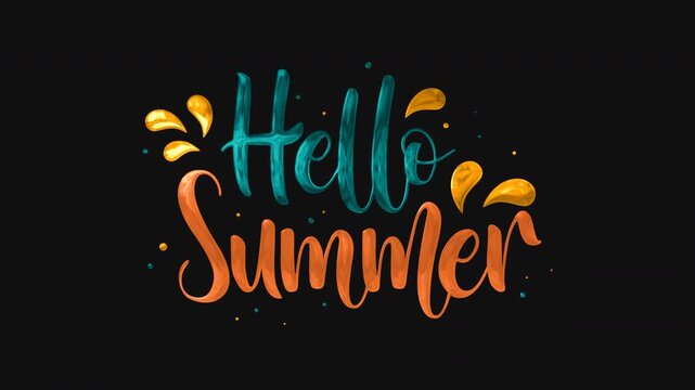 Text animation hello summer in colorful stylized lettering for summerthemed designs. Ideal for social media graphics, posters, apparel, and greeting cards.