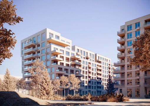 Architectural scale model of modern residential complex. Urban dewelopment progect concept. CG visualization.