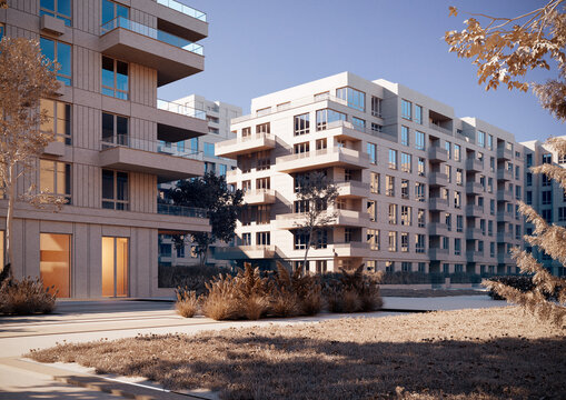 Architectural scale model of modern residential complex. Urban dewelopment progect concept. CG visualization.