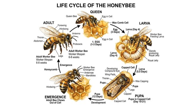 Life cycle of the honeybee infographic showing queen, larva, pupa, emergence and adult worker on wax cells, with labels for royal jelly, nurse bees and developing brood to explain honeybee growth, rol