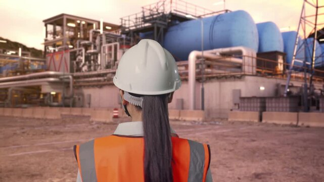 Back of Asian Female Engineer Walking at Plant with Gas Storage Tanks and Complex Pipeline System at Sunset
