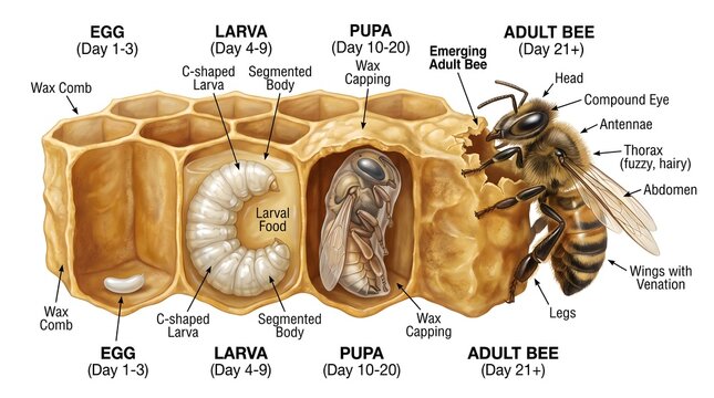 Cross‑section honey bee life cycle diagram inside a continuous row of wax comb cells, clearly showing egg, larva, pupa and adult worker bee stages with labels for days of growth and anatomical feature