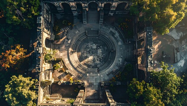Aerial view of ancient stone ruins with a central circular courtyard and surrounding trees, evoking historical mystery and architectural grandeur