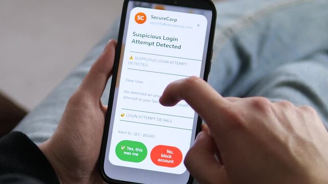 A person reacts to a suspicious login alert on their smartphone. Close-up of a mobile security app UI with an unusual login warning and account confirmation. Perfect for cybersecurity, data privacy