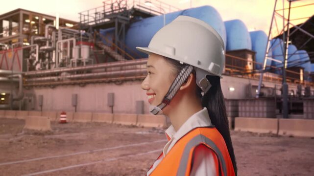 Side View of Asian Female Engineer Walking at Plant with Gas Storage Tanks and Complex Pipeline System at Sunset