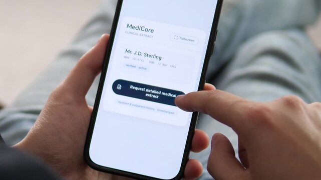 Modern digital health records. User requests a detailed medical extract using a professional smartphone app. High-quality visual for telemedicine, patient data, and healthcare tech commercials