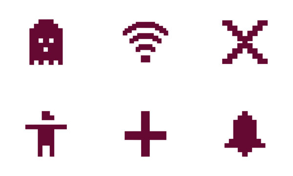 Pixel Art Retro Icons Set for Gaming and UI Design Ghost, Wi-Fi, Bell, Plus, X, User Symbols