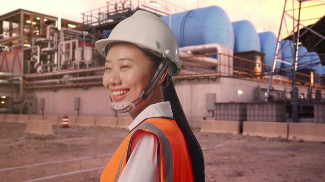 Side View of Asian Female Engineer Walking at Plant with Gas Storage Tanks and Complex Pipeline System at Sunset