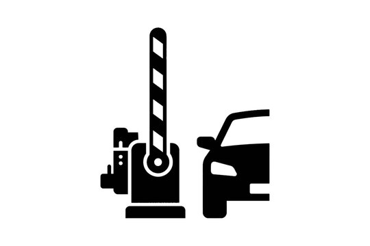 Car at automatic boom barrier gate icon on white background