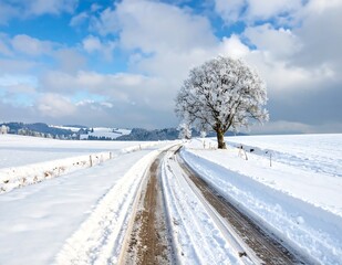 Obraz premium Snow Covered Rural Road Leading To A Frozen Tree With White Rime Ice Under A Bright Blue Cloudy In A Beautiful Winter Landscape Countryside Scene