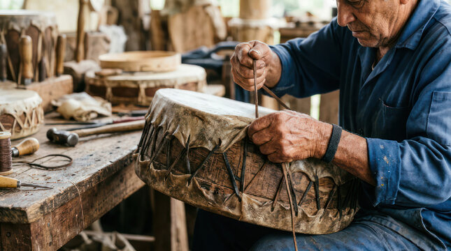 Drum Artisan Crafting Traditional Instrument in Workshop