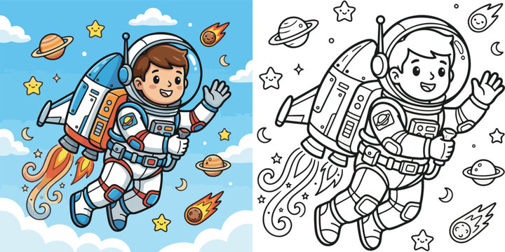 astronaut jetpack cartoon vector illustration lineart and clipart for children coloring book