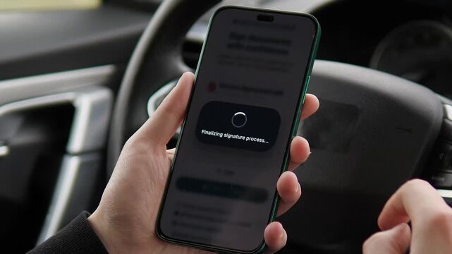 Professional e-signing a service agreement on a smartphone inside a vehicle. Secure digital signature sequence showing handwriting and successful confirmation. Perfect for remote work, legal tech, and