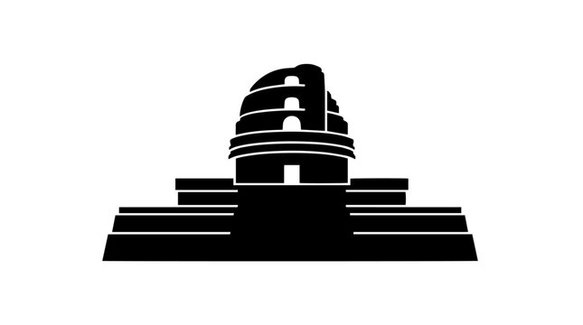 Vector silhouette of El Caracol Observatory with circular tower and stepped base, iconic Mexican Mayan architectural landmark art