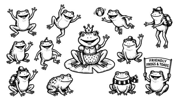 Friendly frogs and toads cartoon illustrations