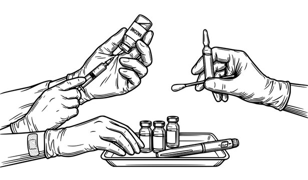 Vaccination process illustration hands preparing and administering injections