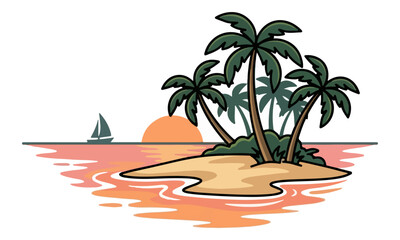 Obraz premium Palm Trees on Tropical Island with Sailboat at Sunset