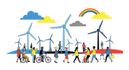 Naklejka premium A diverse group of people walking and cycling past a series of large wind turbines under a colorful rainbow in a bright, modern, minimalist graphic art style.