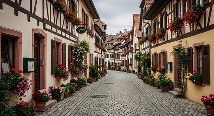 Fototapeta premium Charming European Village Street with Spring Flower Displays